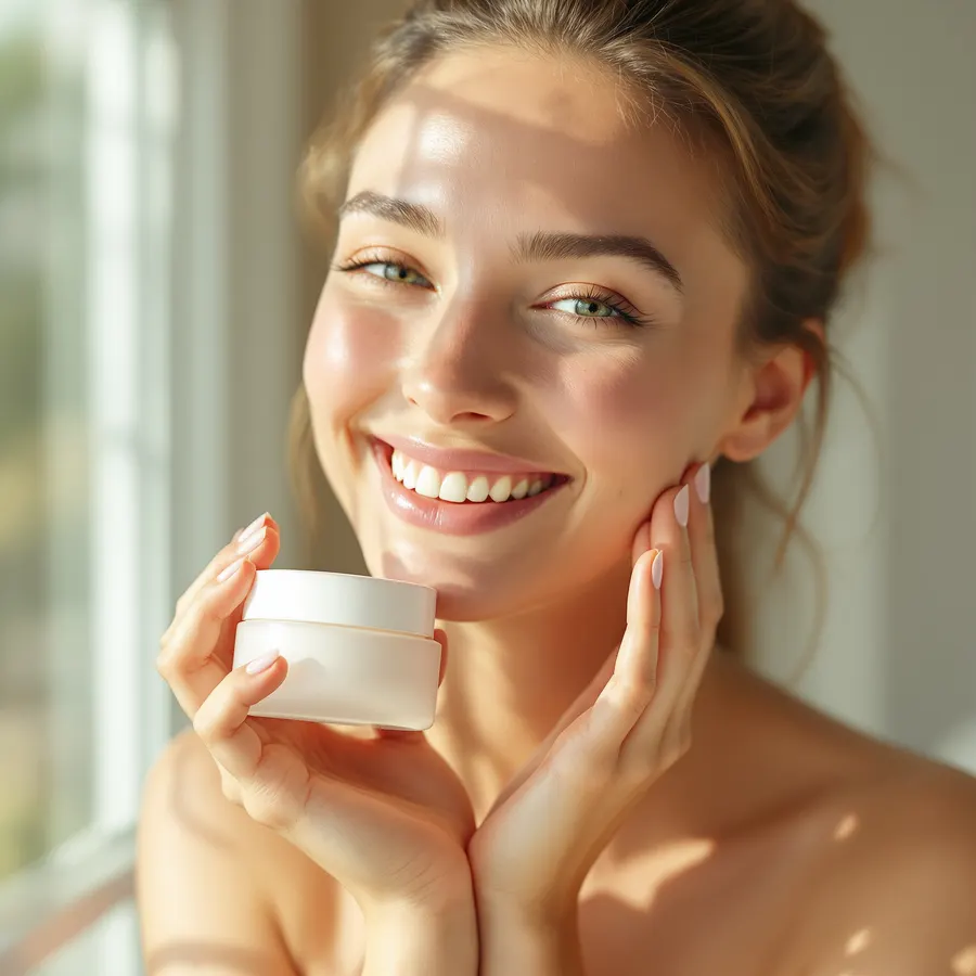 A smiling woman holding a jar of handcrafted body care