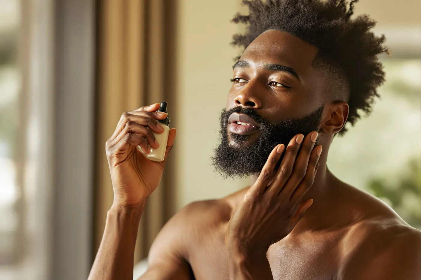 A man with natural hair massaging beard oil into his beard