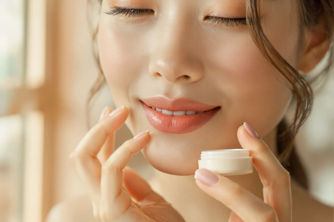 A woman applying nourishing lip balm with a soft smile