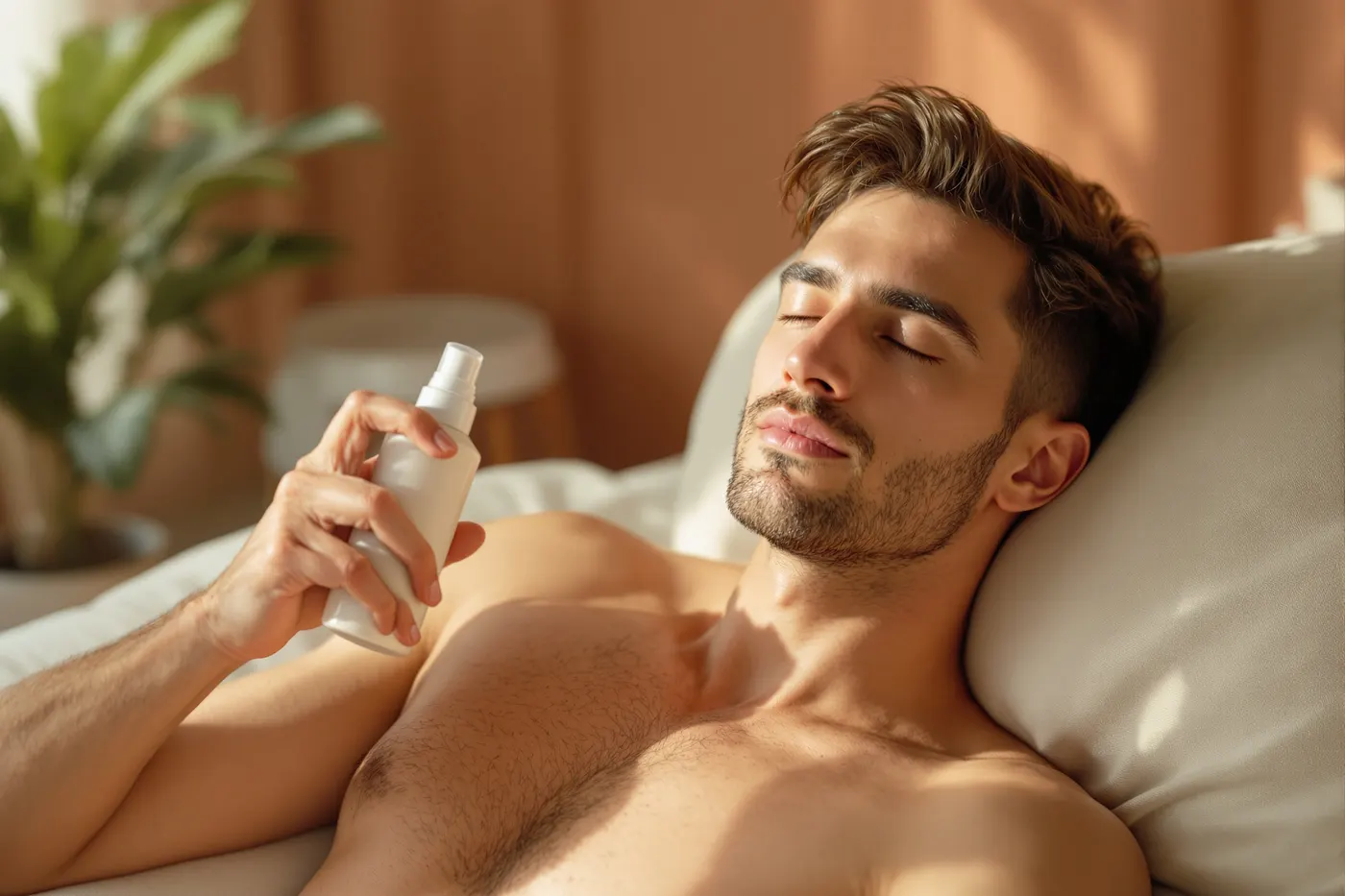 A man applying a soothing relief spray after a workout